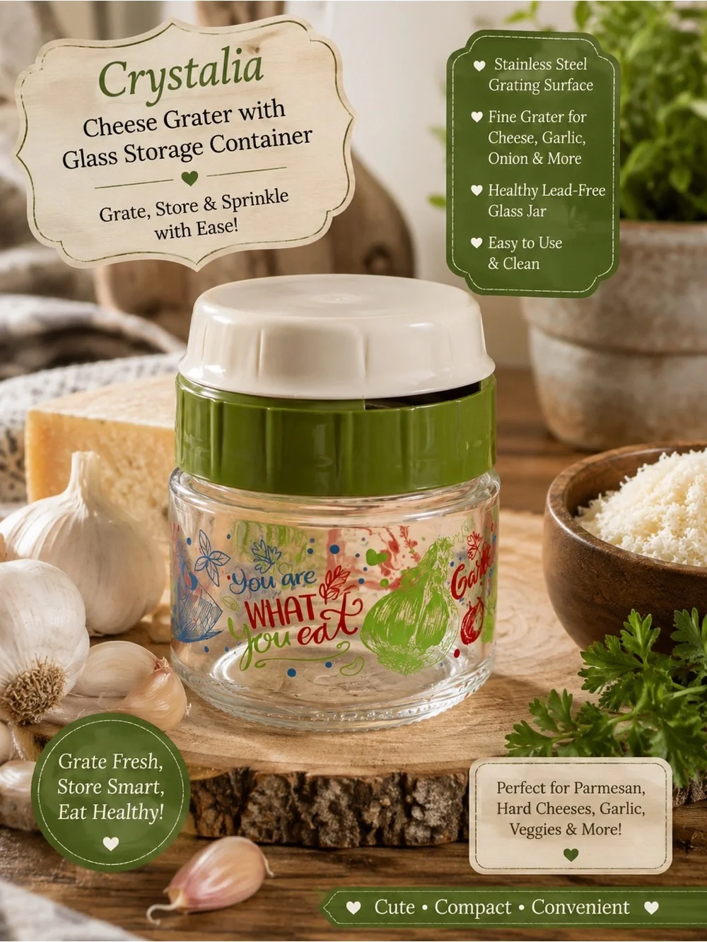 Green Cheese Grater with Glass Storage Jar
